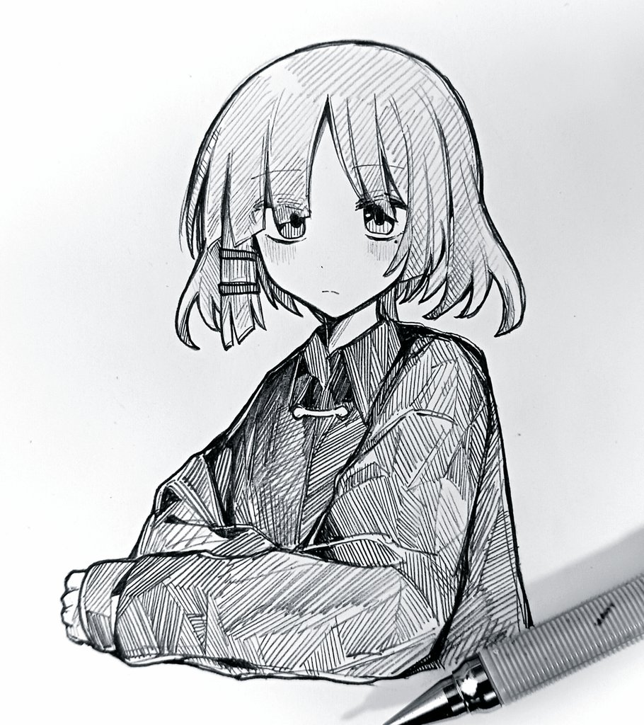 1girl art_tools_in_frame blush bocchi_the_rock! closed_mouth commentary_request cropped_torso eyes_visible_through_hair graphite_(medium) greyscale hatching_(texture) jacket linear_hatching long_sleeves looking_at_viewer mechanical_pencil mole mole_under_eye monochrome parted_bangs pencil short_hair sleeves_past_wrists takoiro traditional_media woven_hatching yamada_ryo
