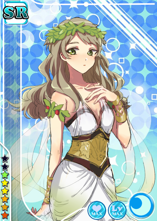 1girl aizawa_yuu_(love_live!) blue_background card_(medium) card_parody commentary_request corset cowboy_shot dress gold_corset green_eyes hand_on_own_chest hand_up laurel_crown long_hair looking_to_the_side love_live! love_live!_school_idol_festival parted_lips reims sleeveless sleeveless_dress solo star_(symbol) wavy_hair white_dress