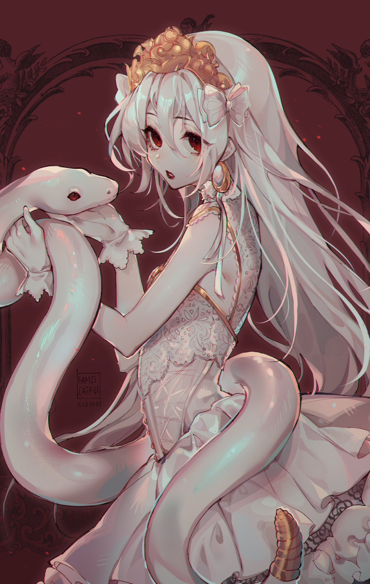 1girl aegyo_sal animal bare_arms bare_shoulders bow corset cowboy_shot dated dress earrings frilled_dress frills from_side gloves gold_earrings gold_tiara gold_trim hair_between_eyes hands_up highres holding holding_animal holding_snake jewelry kamochiru lace lace-trimmed_dress lace_trim lips long_hair looking_at_viewer looking_back original rattlesnake red_background red_eyes ringed_eyes signature simple_background snake solo standing white_bow white_corset white_dress white_gloves white_hair white_snake