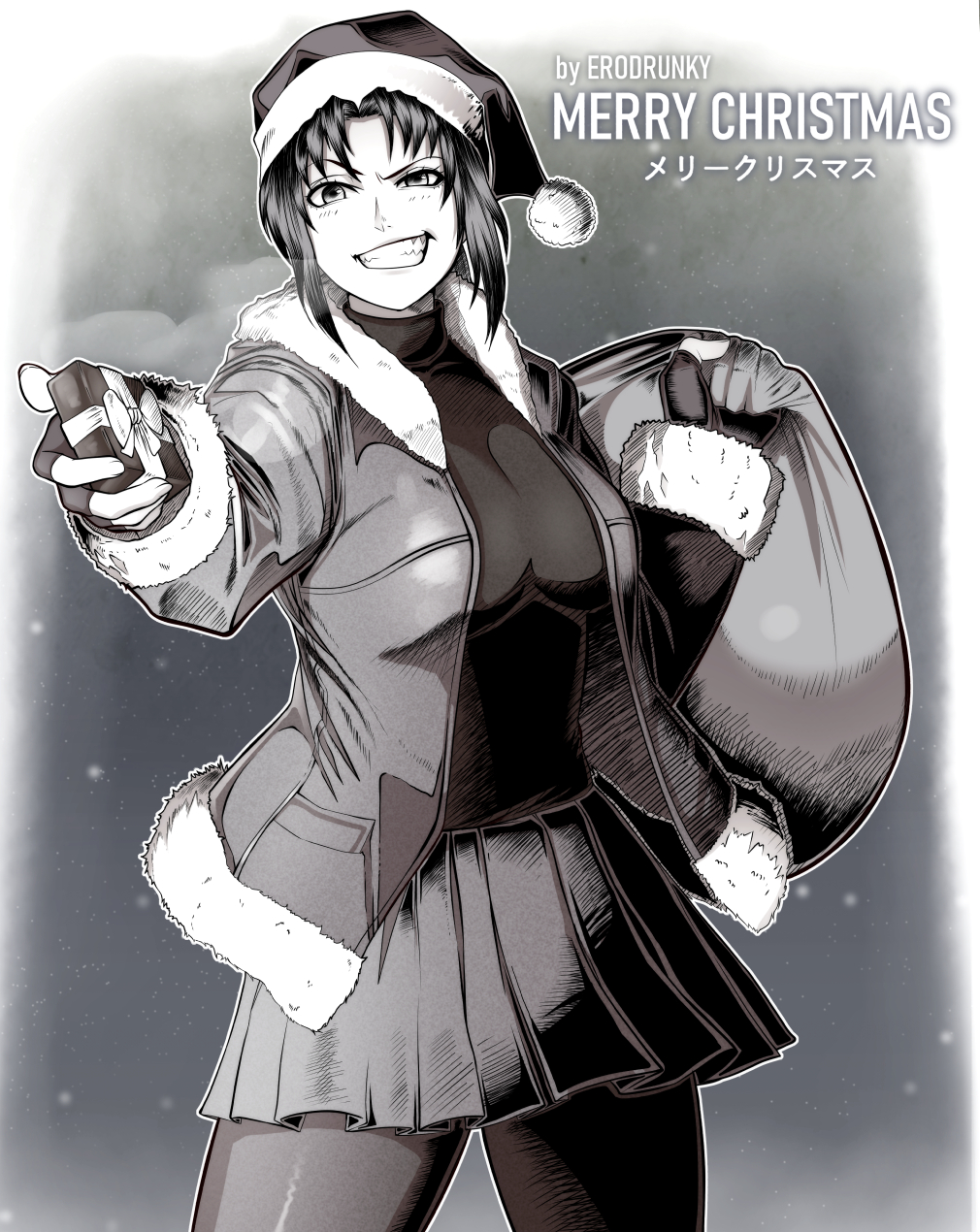 1girl artist_name bag black_lagoon black_sweater blush box coat commentary english_commentary english_text erodrunky fingerless_gloves gift gift_box gloves greyscale grin hat highres holding holding_bag holding_gift incoming_gift merry_christmas monochrome pantyhose pleated_skirt revy_(black_lagoon) santa_hat short_hair skirt smile snowing solo sweater teeth turtleneck turtleneck_sweater