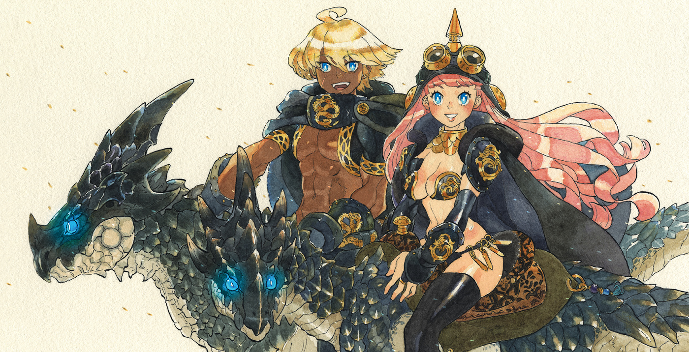 1boy 1girl :d armor bikini_armor blonde_hair blue_eyes breasts cape cleavage cloak combat_helmet dark-skinned_male dark_skin detached_collar dragon facial_scar fantasy floating_hair from_side glowing glowing_eyes goggles goggles_on_headwear helmet lips long_hair matsumoto_keiko medium_breasts midriff muscular muscular_male navel open_mouth original painting_(medium) pickelhaube pink_hair riding riding_animal riding_dragon saddle scar scar_on_cheek scar_on_face short_hair shrug_(clothing) smile thighhighs traditional_media vambraces watercolor_(medium) wind