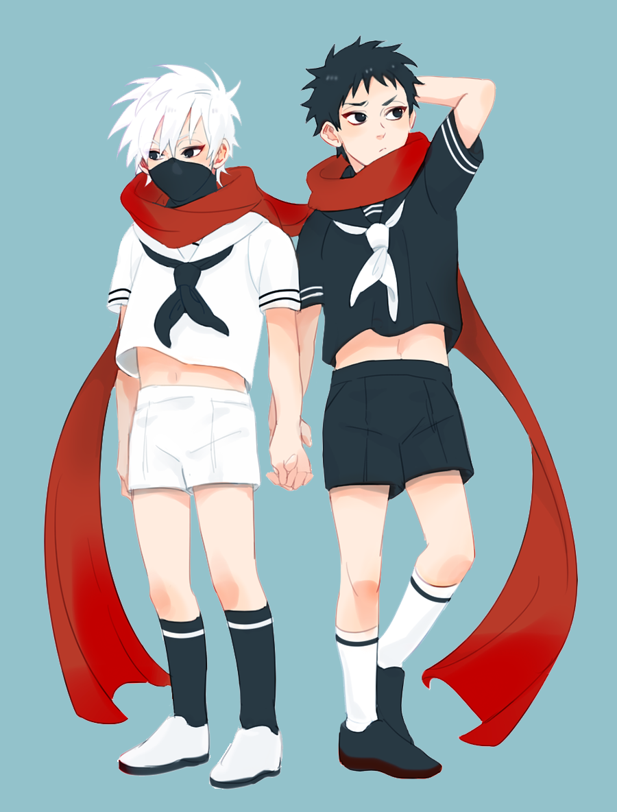 2boys aged_down hatake_kakashi holding_hands interlocked_fingers male_focus mask mouth_mask multiple_boys naruto_(series) naruto_shippuuden red_scarf scarf shared_clothes shared_scarf shoes short_hair short_sleeves shorts socks spiked_hair uchiha_obito vosovic yaoi