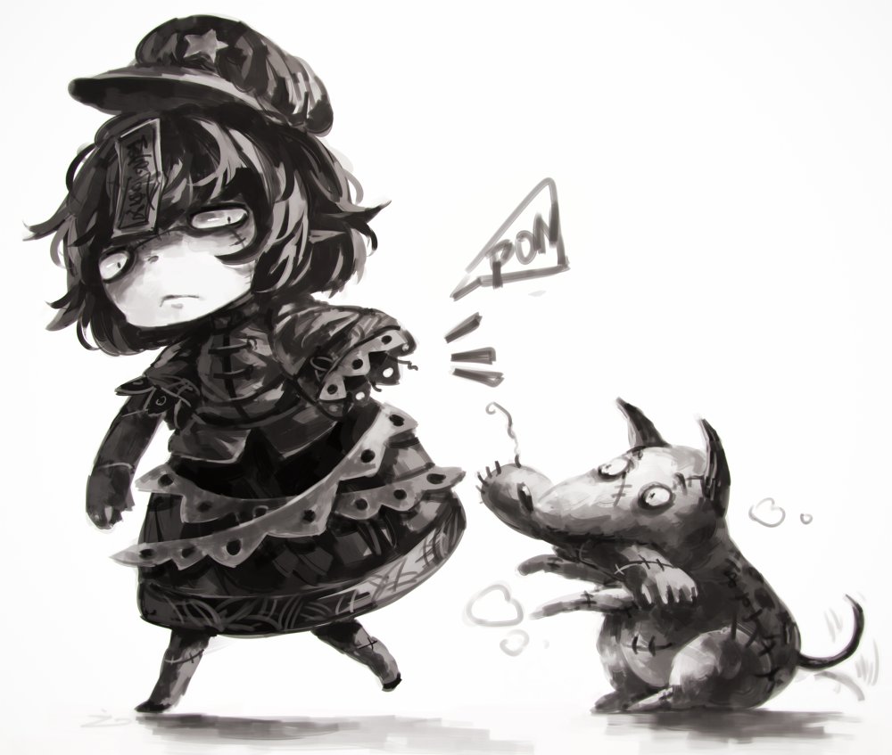 1girl dismemberment dog frankenweenie hat koto_inari miyako_yoshika monochrome ofuda sparky_(frankenweenie) stitches touhou