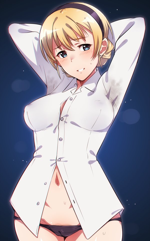 1girl arms_behind_head black_panties blonde_hair blue_eyes blush braid breasts cameltoe covered_erect_nipples em_(totsuzen_no_hakike) french_braid hairband large_breasts looking_at_viewer navel noble_witches panties rosalie_de_hemricourt_de_grunne shirt smile solo sweat underwear white_shirt world_witches_series