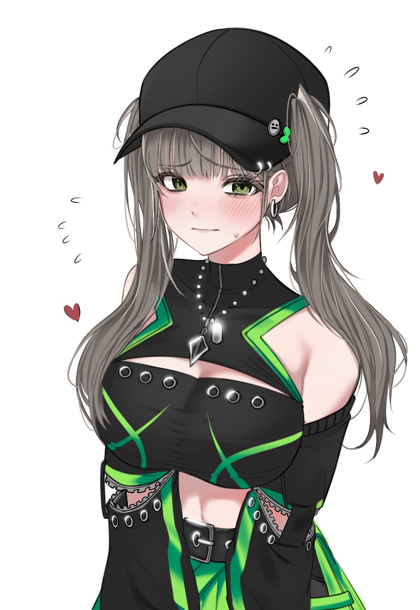 1girl bada_(ddcn8375) bare_shoulders baseball_cap belt black_hat black_shirt breasts cleavage_cutout closed_mouth clothing_cutout crop_top green_eyes grey_hair hair_through_headwear hat heart highres large_breasts long_hair long_sleeves looking_at_viewer midriff navel shirt shoulder_cutout simple_background solo sweatdrop twintails upper_body viichan virtual_youtuber waktaverse white_background