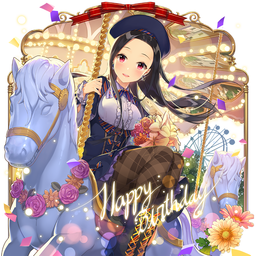 1girl :d animal belt beret black_hair black_skirt blue_flower blue_skirt blush boots bouquet bow breasts brooch bug butterfly cat center_frills chain clarice_lapis clothed_animal collared_shirt company_name copyright_name crossed_legs day earrings english_text flag flower forehead frilled_sleeves frills full_body hat high-waist_skirt high_heels holding holding_flower insect jewelry large_breasts long_hair long_sleeves looking_at_viewer medium_breasts nail_polish open_mouth outdoors pantyhose parted_bangs petals pink_eyes pink_flower pink_rose purple_eyes purple_flower purple_rose red_eyes red_flower red_rose ribbon rose salt_(salty) shirt sitting skirt small_breasts smile solo sparkle sunlight suspenders uchi_no_hime-sama_ga_ichiban_kawaii underbust very_long_hair white_flower white_rose white_shirt yellow_flower yellow_rose