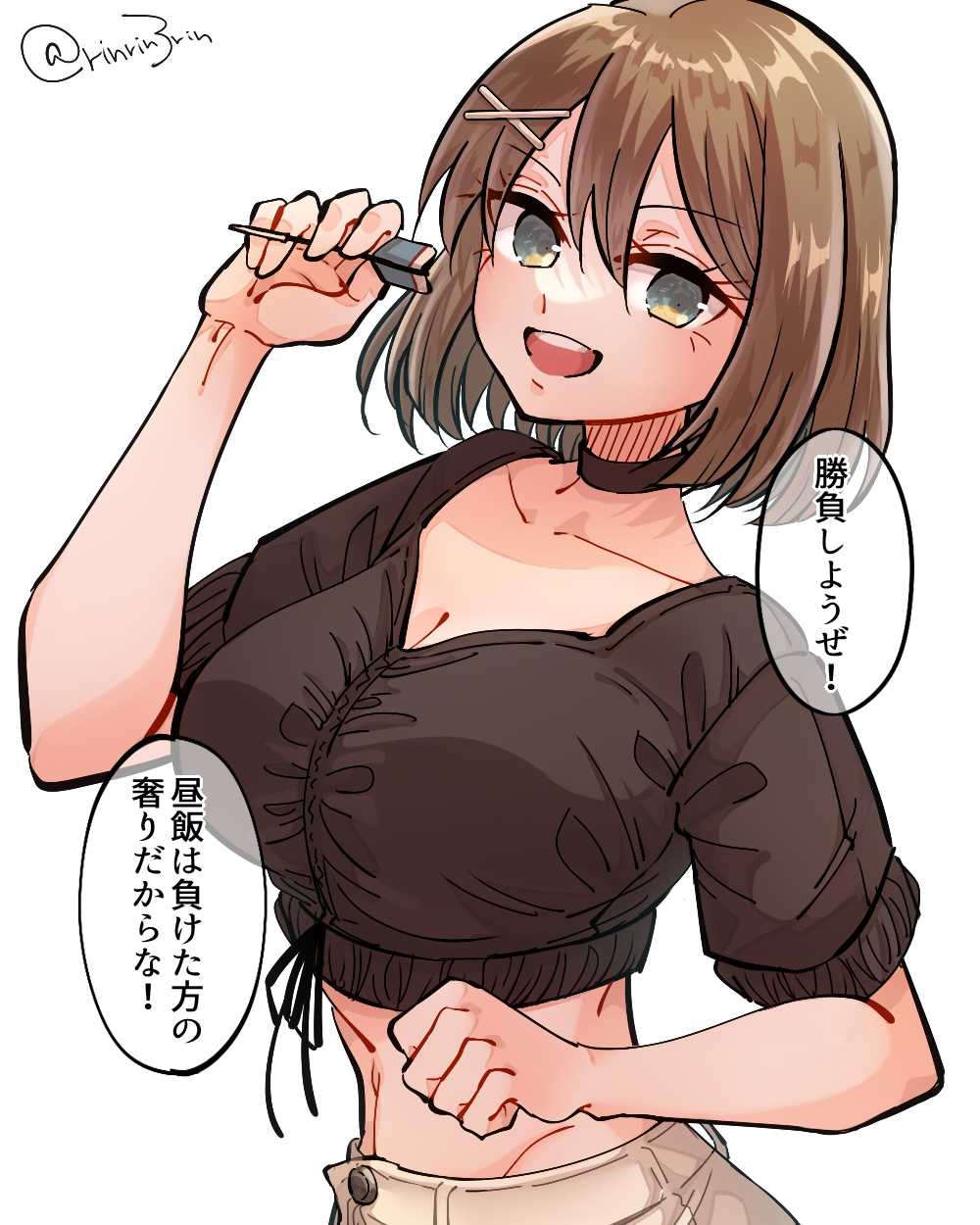 1girl black_choker breasts brown_shirt choker cleavage commentary_request dart grey_eyes hair_ornament highres holding_dart kantai_collection large_breasts matsunaga_(haku) maya_(kancolle) midriff open_mouth round_teeth shirt short_hair smile solo teeth translated upper_teeth_only x_hair_ornament
