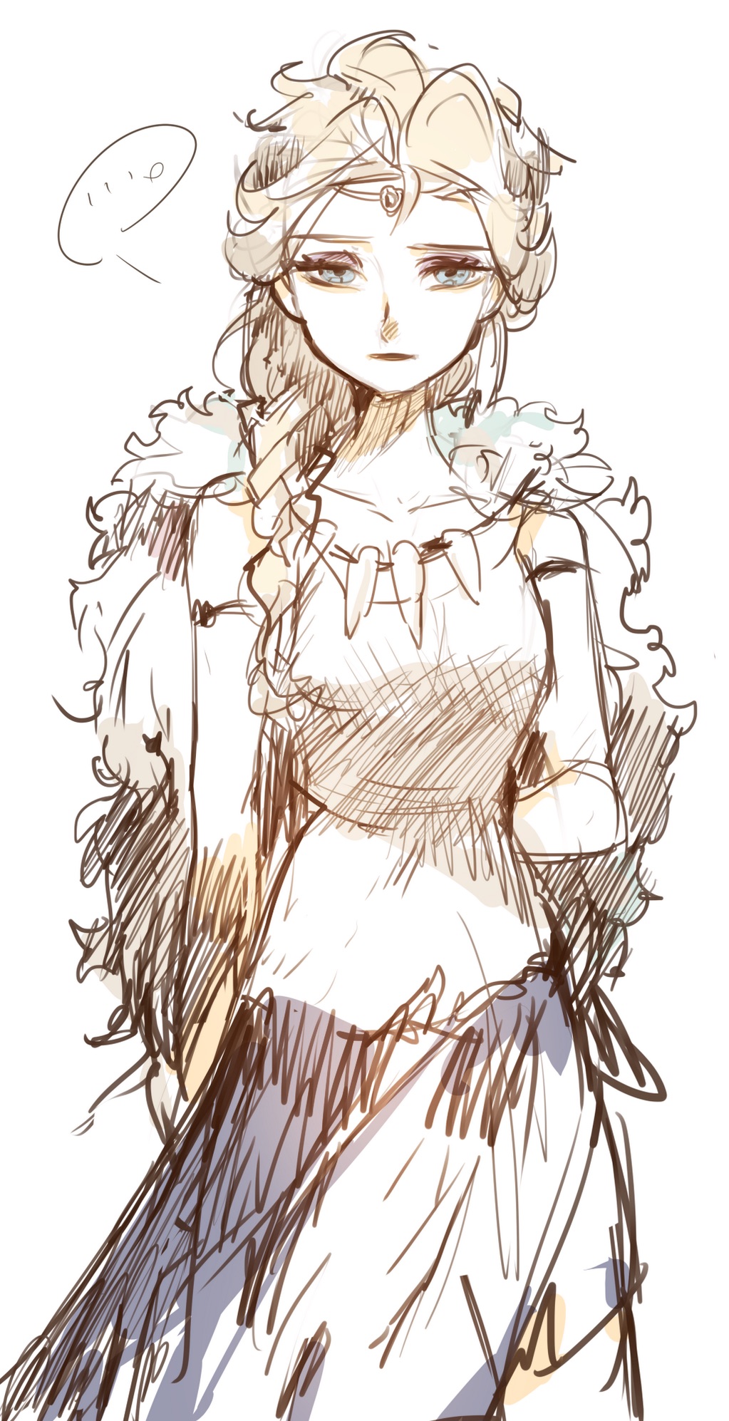 1girl braid cosplay elsa_(frozen) female_focus frozen_(disney) hair_over_shoulder highres mononoke_hime panbukin san_(cosplay) san_(mononoke_hime) side_braid simple_background single_braid sketch solo