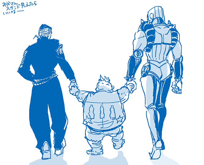 3boys diamond_wa_kudakenai family from_behind gakuran holding_hands jacket jojo_no_kimyou_na_bouken merumeru626 monochrome monster multiple_boys nijimura&#039;s_father nijimura_okuyasu pompadour school_uniform stand_(jojo) the_hand_(stand) underwear
