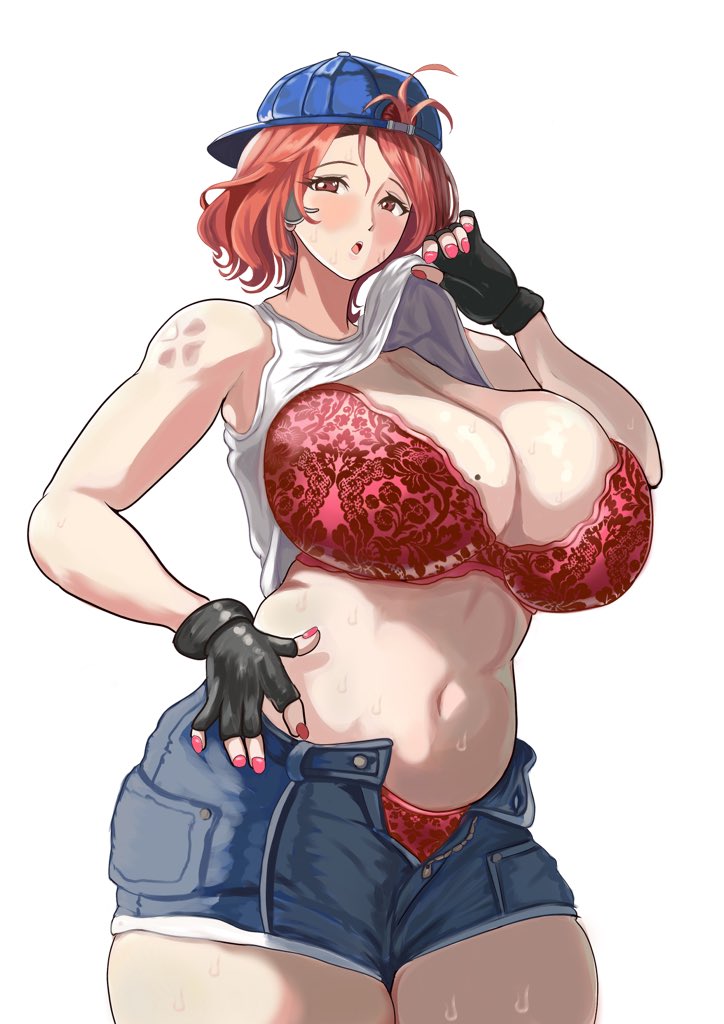 1girl arm_tattoo backwards_hat baseball_cap black_gloves bra breasts brown_eyes cleavage clothes_lift denim denim_shorts fingerless_gloves floral_print floral_print_bra floral_print_panties fortune_(last_origin) gloves hair_through_headwear hat huge_breasts last_origin lingerie mature_female mole mole_on_breast navel open_mouth panties pink_nails red_hair rgm89s shirt_lift short_hair short_shorts shorts sleeveless solo standing sweat tank_top tattoo thick_thighs thighs unbuttoned underwear white_background