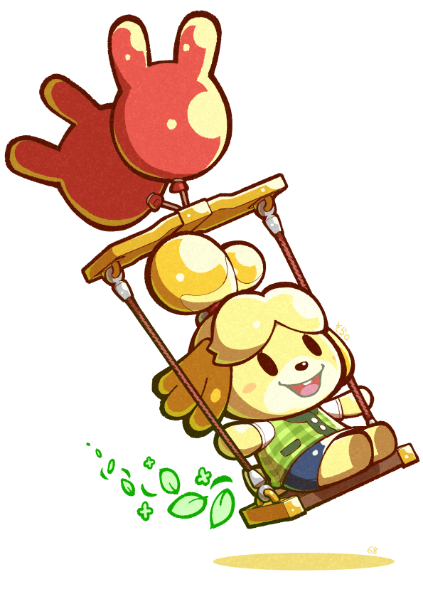 04sora40 1girl :d animal_crossing balloon blue_skirt chibi commentary full_body green_vest isabelle_(animal_crossing) nintendo on_swing open_mouth shirt simple_background sitting skirt smile solo super_smash_bros. swing vest white_background white_shirt