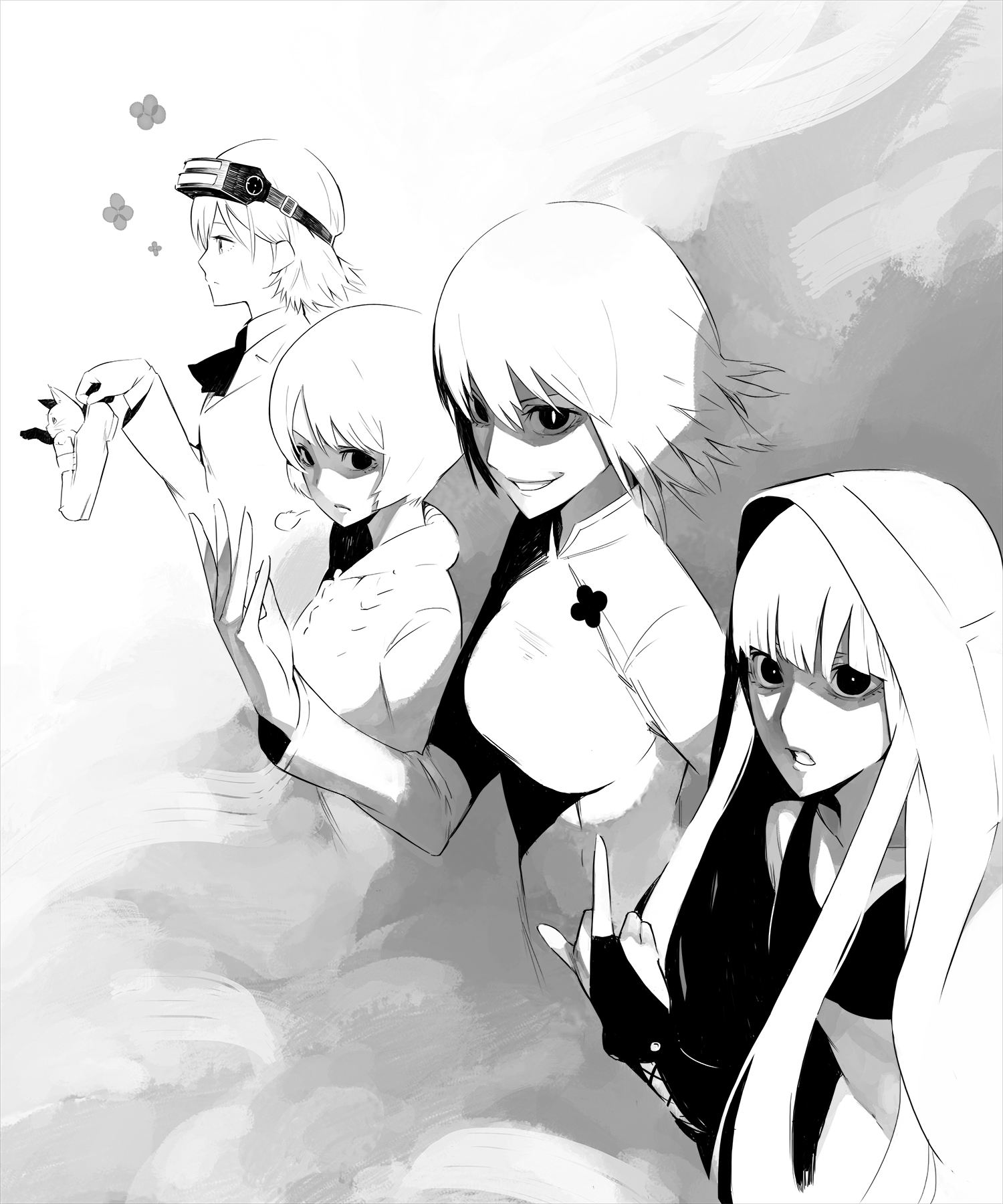 4girls alternate_hair_color animal ao_dai aran_sweater black_eyes blazer bow bowtie bright_pupils cable_knit cat child closed_mouth coat coat_on_head commentary_request dress evil_grin evil_smile from_side gajuumaru greyscale grin hair_between_eyes hand_up hands_up head-mounted_display highres hime_cut holding holding_animal holding_cat holding_footwear holding_shoes holding_unworn_clothes in_shoe jacket kinuhata_saiai kuroyoru_umidori loafers long_hair long_sleeves looking_at_viewer medium_hair middle_finger misaka_imouto misaka_imouto_10032&#039;s_cat misaka_worst monochrome multiple_girls school_uniform shoes short_hair siblings sidelocks sisters slit_pupils smile spoilers sweater teeth toaru_majutsu_no_index toaru_majutsu_no_index:_new_testament tokiwadai_school_uniform unworn_shoes upper_body white_coat white_dress white_pupils white_sweater