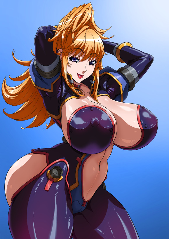 arms_up blonde_hair blue_eyes bodysuit breasts choujuushin_gravion choujuushin_gravion_zwei clothing_cutout huge_breasts long_hair looking_at_viewer navel_cutout numahana tachibana_mizuki thick_thighs thighs
