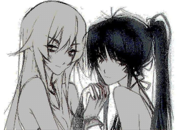2girls ashikaga_chachamaru black_nails blonde_hair blue_hair breasts cleavage dress eyelashes fingerless_gloves gloves haemopoesis hand_grab jewelry long_hair looking_at_viewer minato_hikaru multiple_girls neck_ribbon necklace partially_colored pixel_art ponytail ribbon sidelocks simple_background small_breasts smirk soukou_akki_muramasa strapless strapless_dress white_background