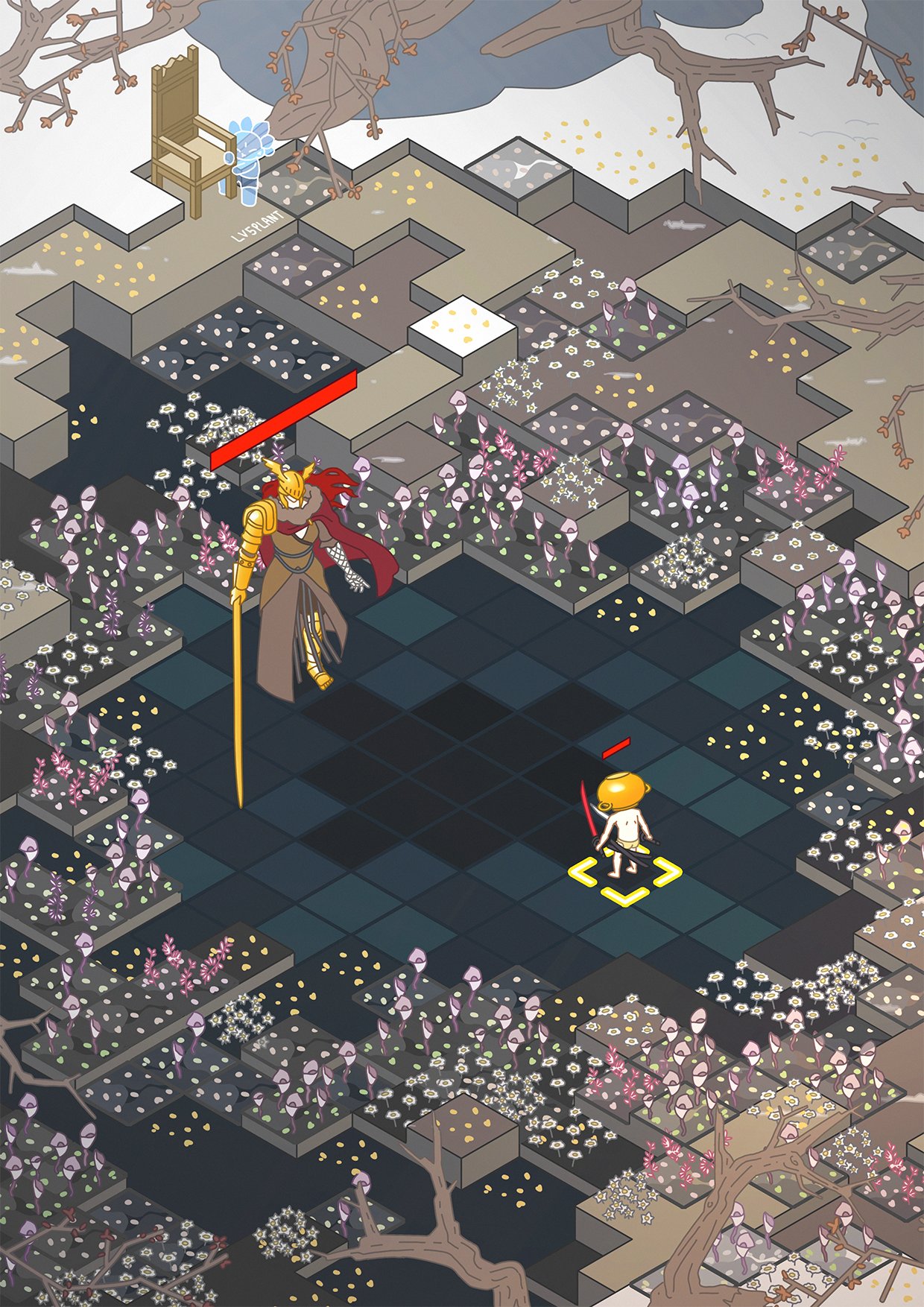 1girl 2boys cape chair covered_eyes dress dual_wielding elden_ring fake_screenshot full_body health_bar height_difference helmet helmet_over_eyes highres holding isometric let_me_solo_her long_hair looking_at_another lv5plant malenia_blade_of_miquella multiple_boys pot_on_head prosthesis prosthetic_arm red_hair standing tall_female topless_male user_interface