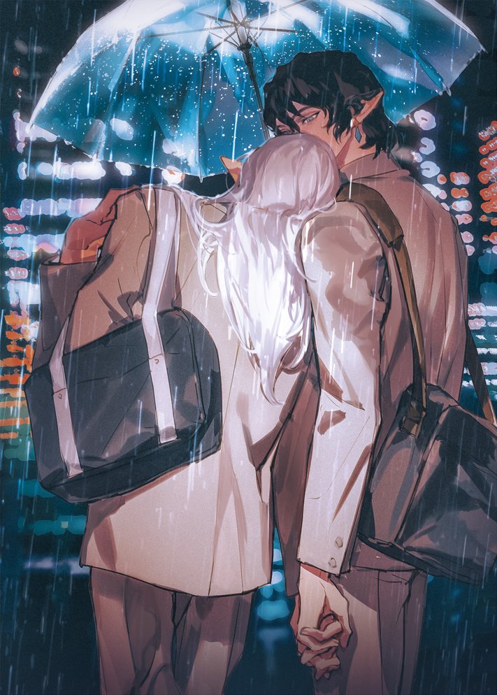 2boys alternate_universe aymeric_de_borel bag black_bag black_hair blue_eyes chinese_commentary cityscape commentary_request earrings elezen elf estinien_varlineau final_fantasy final_fantasy_xiv formal_clothes grey_jacket hair_between_eyes hangleing head_on_another&#039;s_shoulder holding holding_hands holding_umbrella jacket jewelry long_hair long_pointy_ears looking_at_another male_focus mixed-language_commentary multiple_boys piercing pointy_ears rain short_hair shoulder_bag suit suit_jacket transparent transparent_umbrella umbrella wet white_hair yaoi