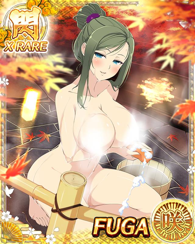 1girl autumn_leaves bathing blue_eyes blush border breasts bucket card_(medium) cleavage convenient_censoring folded_ponytail fuga_(senran_kagura) game_cg green_hair large_breasts leaf long_hair looking_at_viewer mole mole_under_eye non-web_source nude official_alternate_costume official_alternate_hairstyle official_art onsen open_mouth outdoors senran_kagura senran_kagura_new_wave smile solo steam steam_censor wet wooden_bucket