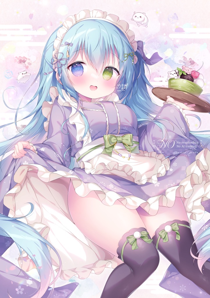 1girl anmitsu_(dessert) apron black_thighhighs blue_eyes blue_hair bow breasts clothes_lift dress dress_lift feet_out_of_frame flower_knot frilled_apron frilled_dress frilled_sleeves frills green_bow green_eyes hair_bow hair_ribbon heterochromia holding holding_plate kimono_dress long_hair long_sleeves maid maid_headdress medium_breasts open_mouth original plate purple_bow purple_dress purple_ribbon ribbon smile thighhighs tsukimi_mumi very_long_hair wa_maid watermark white_apron wide_sleeves