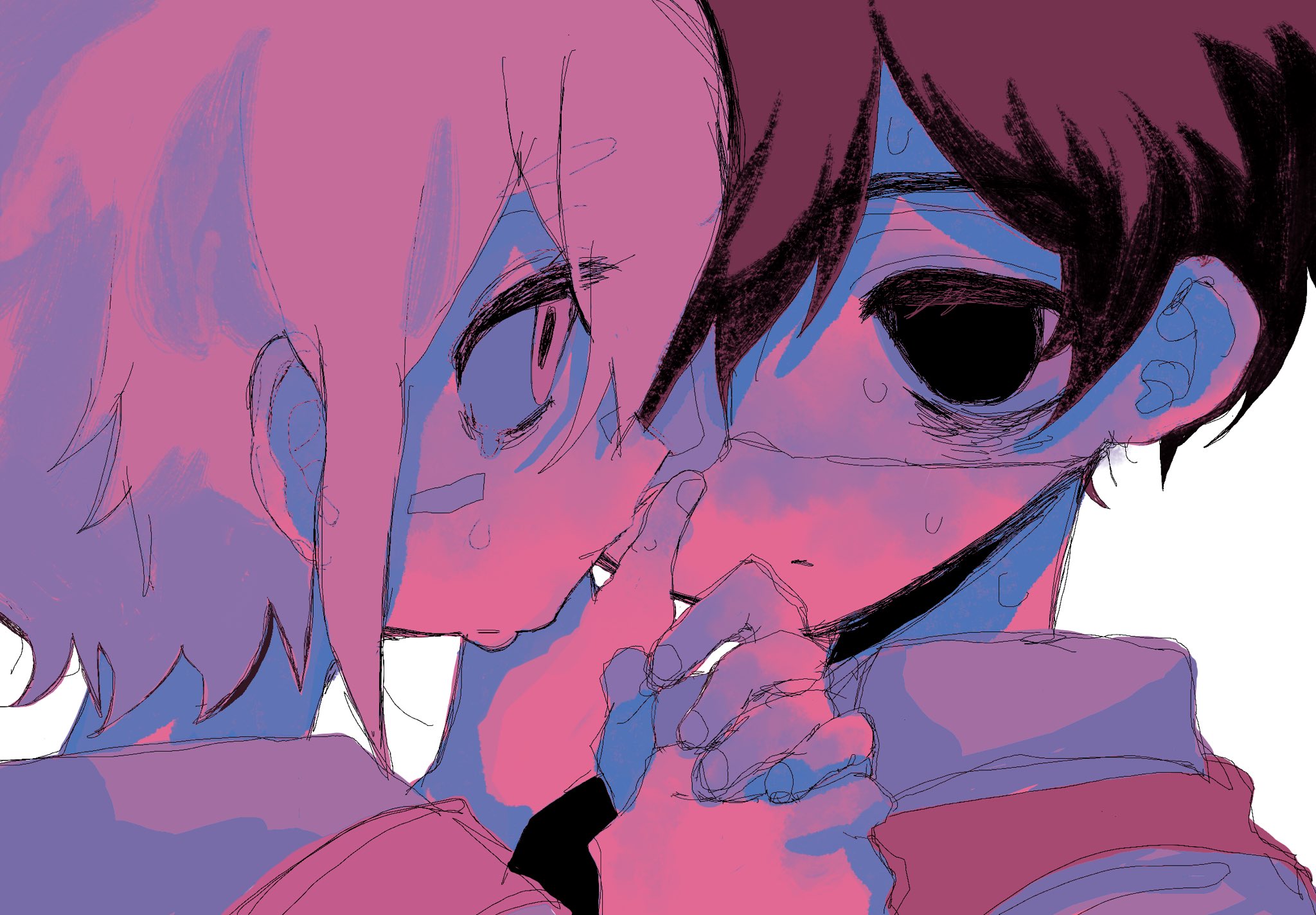 2boys bandaid bandaid_on_face basil_(faraway)_(omori) basil_(omori) closed_mouth collared_shirt eyepatch highres kobanzame_omo limited_palette looking_at_another looking_at_viewer male_focus multiple_boys omori shirt short_hair spoilers sunny_(omori) sweat sweater_vest