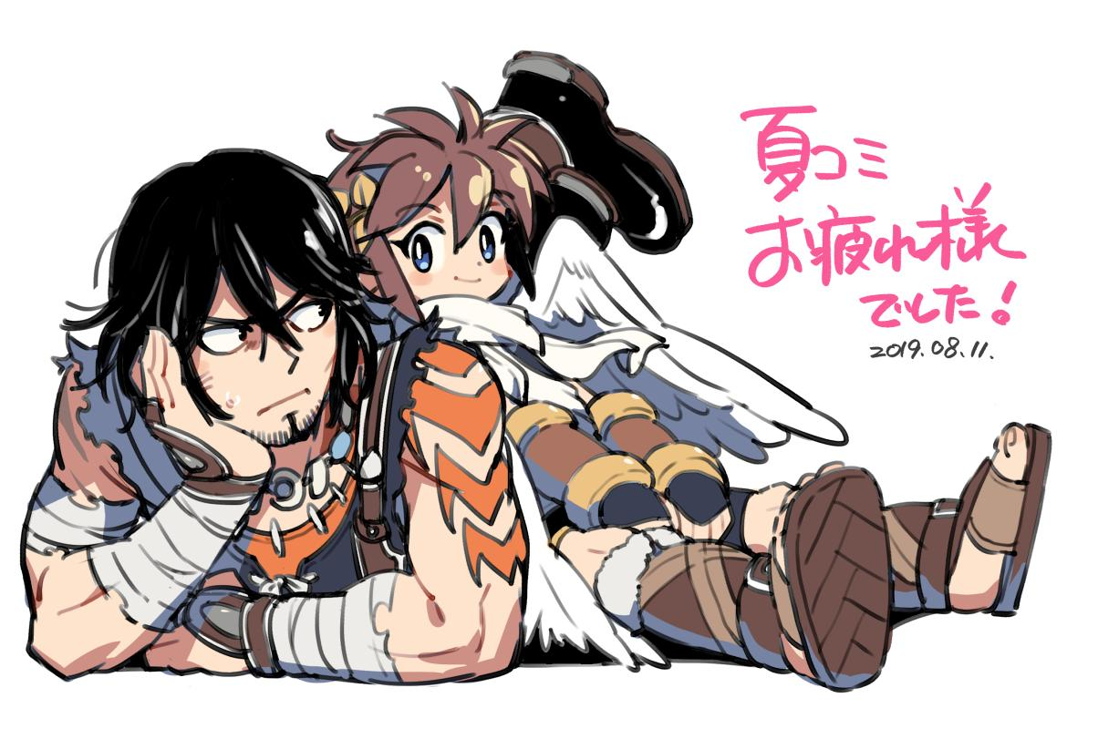 2boys angel angel_wings bandaged_arm bandages black_hair blue_eyes dated dimples enotou_(enotou_moi) kid_icarus kid_icarus_uprising lying_on_person magnus_(kid_icarus) male_focus multiple_boys muscular muscular_male nintendo pit_(kid_icarus) sandals wings