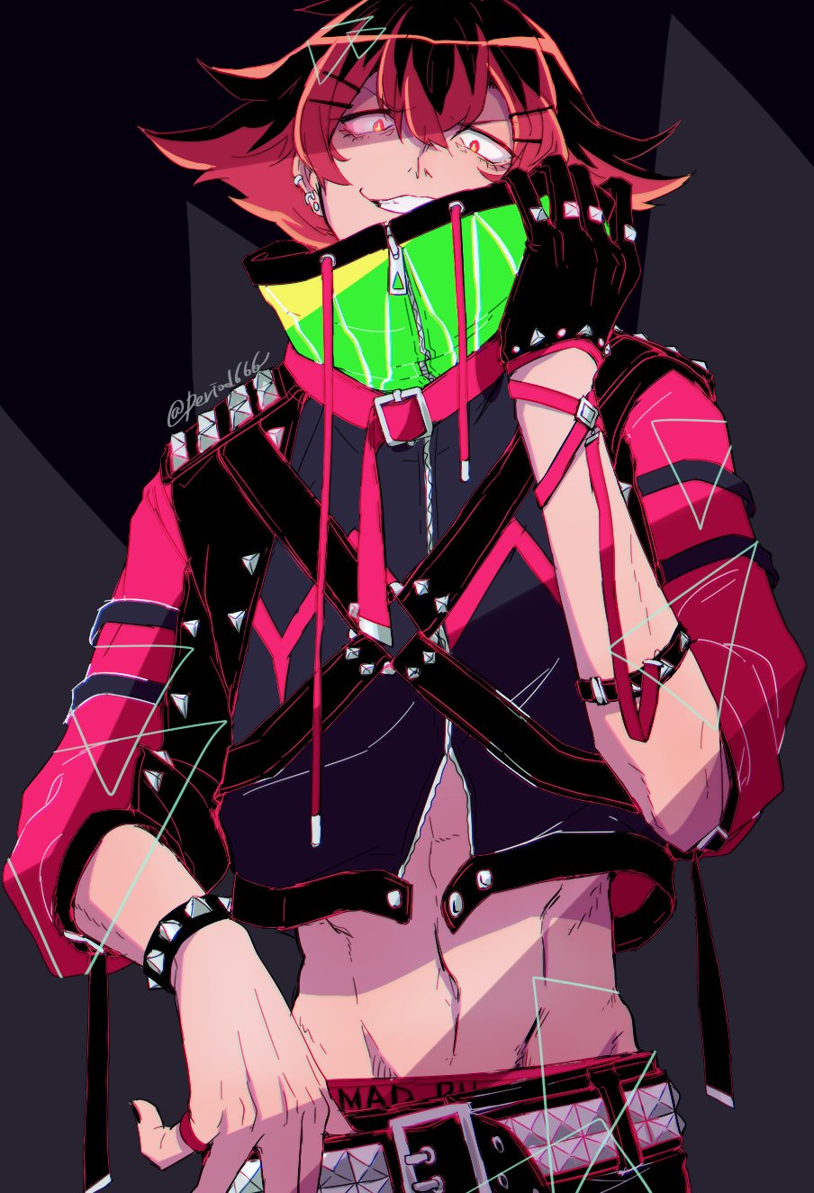 1boy akasuzu3641 belt black_background black_gloves bracelet cropped_jacket ear_piercing flipped_hair gloves gueira high_collar highres jewelry looking_at_viewer male_focus midriff multicolored_hair piercing promare red_eyes red_hair simple_background solo spiked_bracelet spikes twitter_username two-tone_hair upper_body