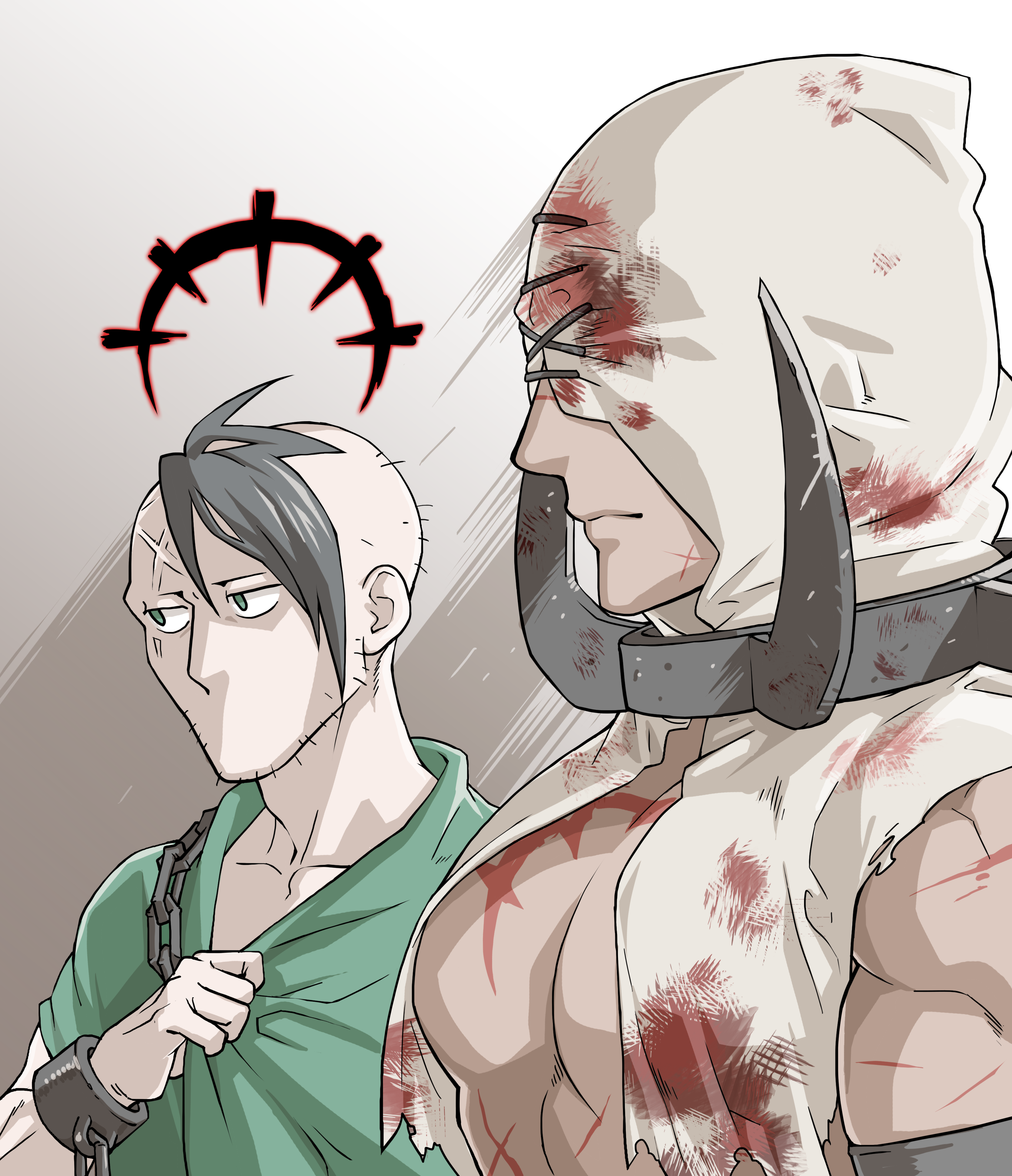 2boys abomination_(darkest_dungeon) absurdres affliction_(darkest_dungeon) black_hair chain collar cuffs darkest_dungeon flagellant_(darkest_dungeon) green_eyes highres hood meme multiple_boys scar shackles short_hair spiked_collar spikes torn_clothes varamill