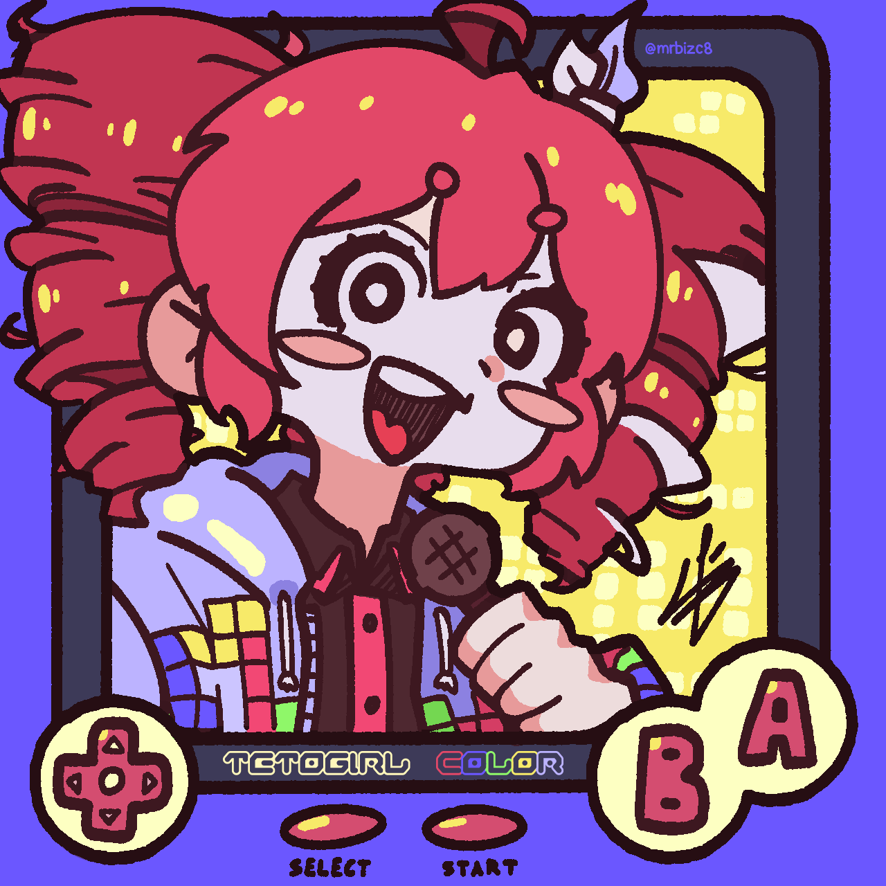 1girl ahoge black_shirt blush_stickers bow buttons collared_shirt d-pad drill_hair game_boy game_boy_color hair_between_eyes hair_bow handheld_game_console hashtag-only_commentary highres holding holding_microphone jacket kasane_teto kasane_teto_(sv) microphone mrbizc8 no_sclera open_mouth red_hair shirt solo synthesizer_v teeth tetoris_(synthesizer_v) tetris tongue twin_drills twitter_username upper_body upper_teeth_only white_bow