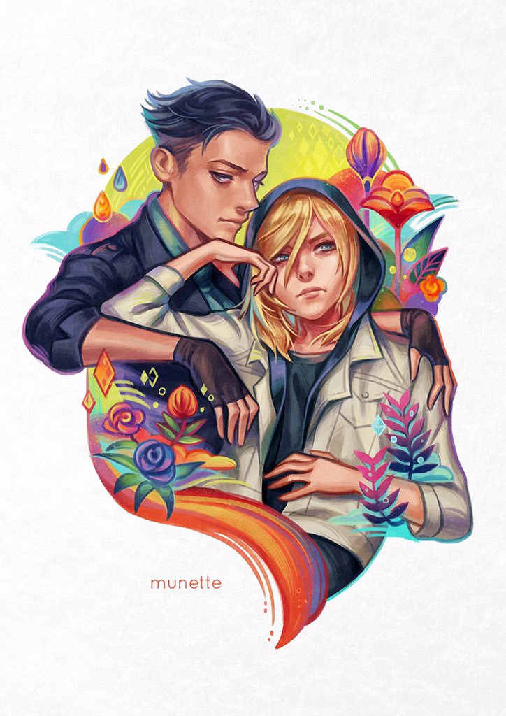 2boys adam&#039;s_apple artist_name black_gloves black_shirt blonde_hair blue_eyes blue_flower brown_eyes brown_hair dark-skinned_male dark_skin diamond_(shape) eyebrows eyelashes fern fingerless_gloves flower gloves green_shirt hand_on_another&#039;s_shoulder hand_on_own_stomach hood hood_up jacket lips long_sleeves looking_at_viewer looking_to_the_side male_focus multiple_boys munette orange_flower otabek_altin pale_skin pink_flower pocket rain shirt short_hair three-quarter_sleeves twitter_username undercut watermark white_background white_jacket yuri!!!_on_ice yuri_plisetsky