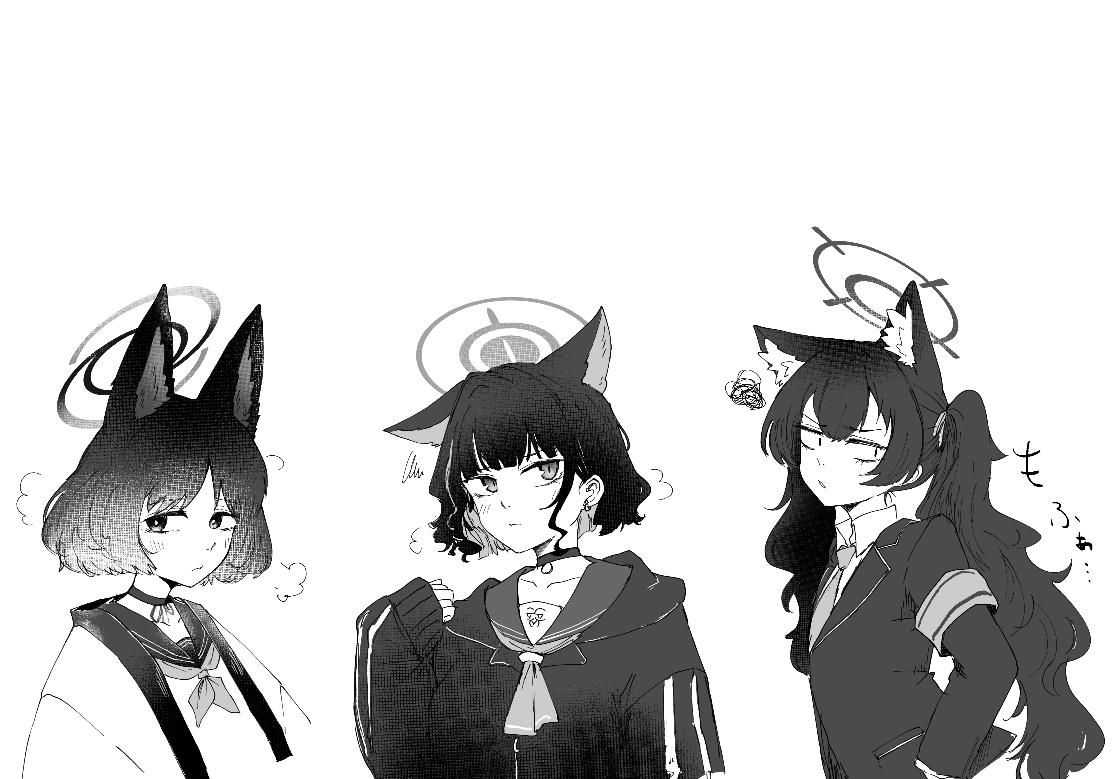 3girls absurdres alternate_hairstyle animal_ears armband blazer blue_archive blush cat_ears cat_girl choker collared_shirt colored_inner_hair commentary_request constricted_pupils earrings glaring greyscale halo haori highres hood hood_down hoodie jacket japanese_clothes jewelry kazusa_(blue_archive) kikyou_(blue_archive) long_hair long_sleeves looking_at_viewer monochrome multicolored_hair multiple_girls necktie school_uniform serafuku serika_(blue_archive) shirt short_hair simple_background single_ear_down squiggle suecovsky trait_connection twintails v-shaped_eyebrows wavy_hair