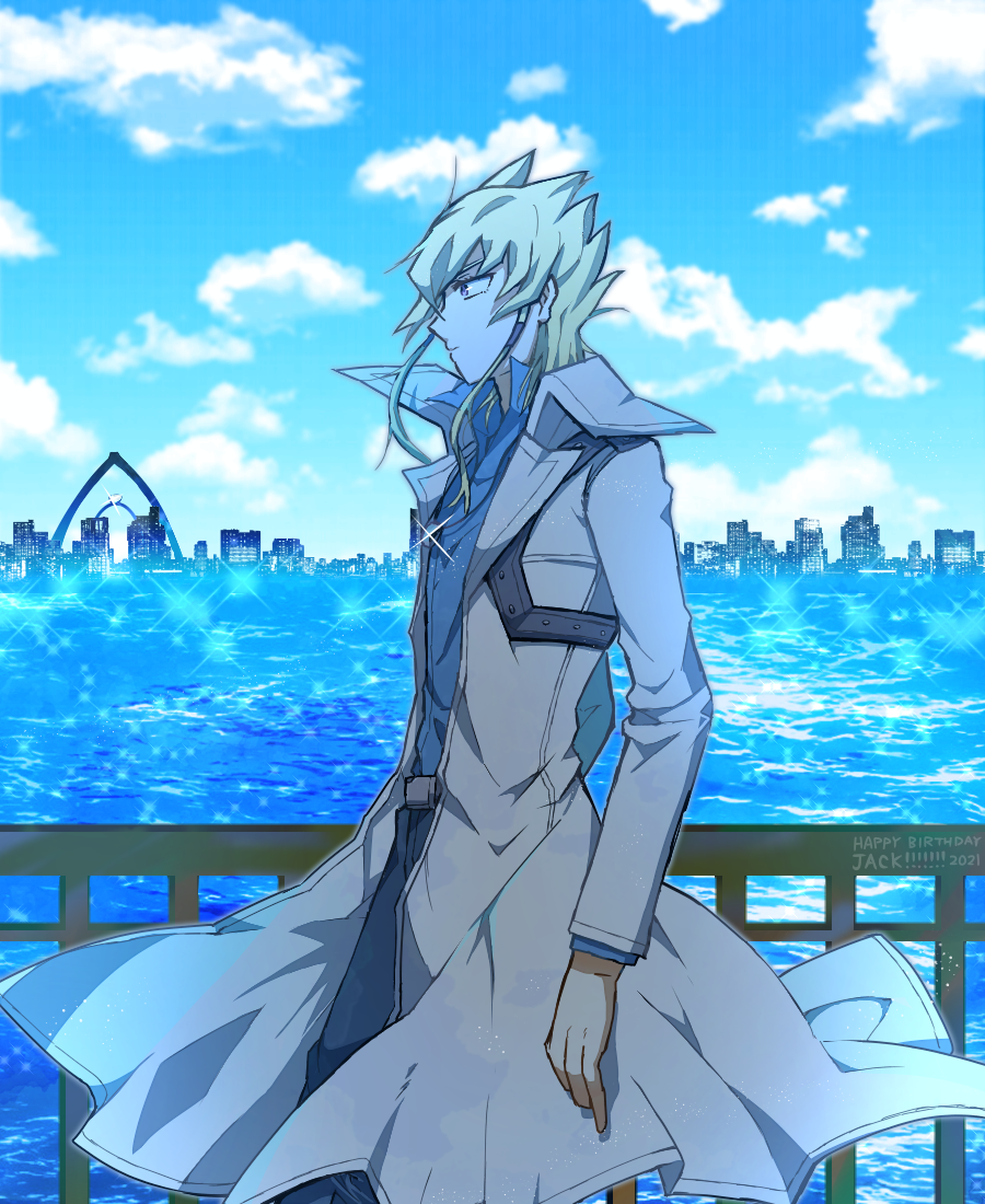 1boy against_railing apartment arms_at_sides blonde_hair blue_shirt blue_sky bridge building cloud cloudy_sky coat commentary dated dress_shirt english_text facing_to_the_side grey_pants grey_trim hair_slicked_back horizon jack_atlas jacket leaning_to_the_side looking_to_the_side male_focus ocean open_clothes open_jacket outdoors pants popped_collar purple_eyes railing reflection reflective_water shirt silver_necklace sky skyline skyscraper sparkle spiked_hair trench_coat water waves white_coat white_jacket wind yotsubaringo yu-gi-oh! yu-gi-oh!_5d&#039;s