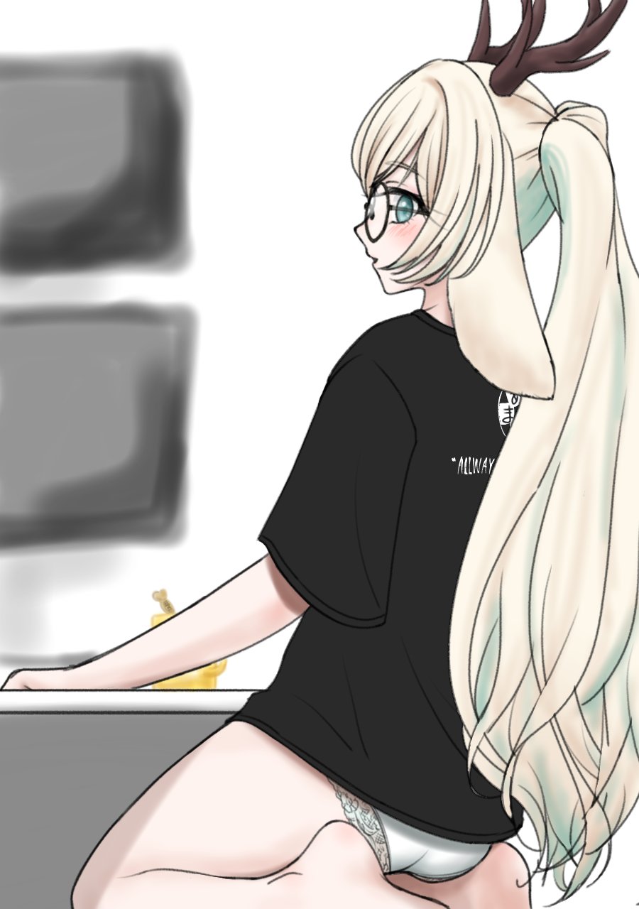 1girl alternate_costume animal_ears antlers ass black-framed_eyewear black_shirt blonde_hair blue_hair blurry blurry_background blush colored_inner_hair commentary_request full_body glasses high_ponytail highres horns indoors jackalope_girl long_hair looking_at_viewer looking_back matuidi_matsu1 multicolored_hair nanashi_inc. no_pants open_mouth panties ponytail rabbit_ears seiza shirt short_sleeves sitting solo t-shirt tsukinoki_tirol underwear very_long_hair virtual_youtuber white_panties