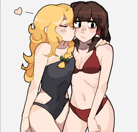 2girls bikini black_one-piece_swimsuit blonde_hair bow braid breasts brown_hair cleavage closed_mouth cowboy_shot green_bow hair_bow hair_tubes hakurei_reimu hand_on_another&#039;s_shoulder headhonchkrow heart kirisame_marisa kiss kissing_cheek long_hair lowres multiple_girls navel one-piece_swimsuit red_bikini sidelocks single_braid small_breasts swimsuit touhou white_background yuri