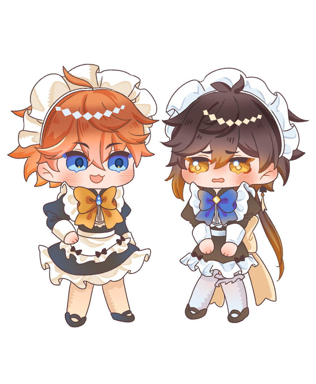 2boys alternate_costume blush chibi crossdressing dimples genshin_impact guwangyanzhi highres maid multiple_boys tartaglia_(genshin_impact) white_background zhongli_(genshin_impact)