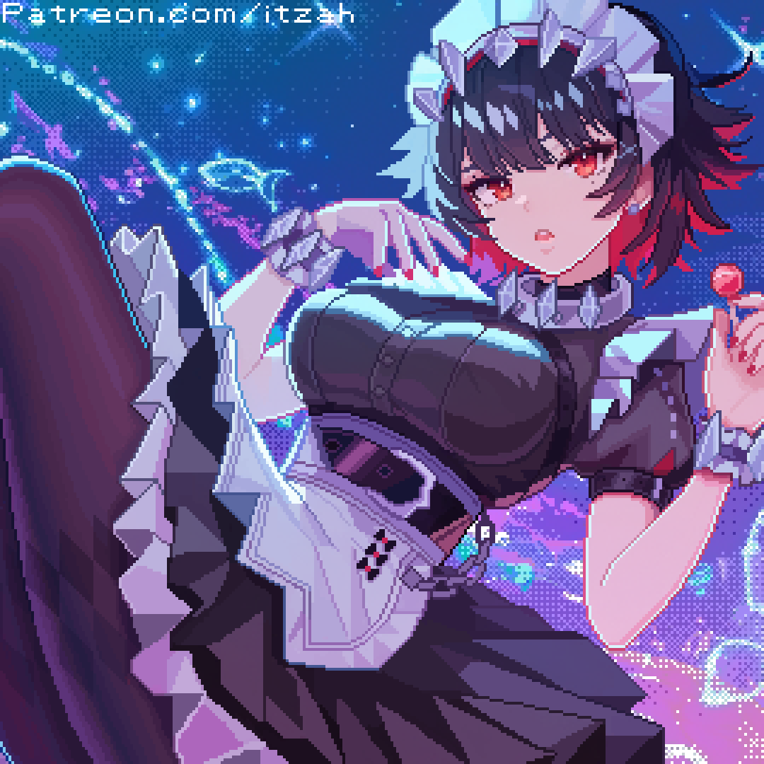 1girl black_hair breasts candy colored_inner_hair ellen_joe food itzah lollipop looking_at_viewer maid maid_headdress medium_breasts multicolored_hair nail_polish necktie pantyhose parted_lips pixel_art red_eyes red_hair red_necktie short_hair solo zenless_zone_zero