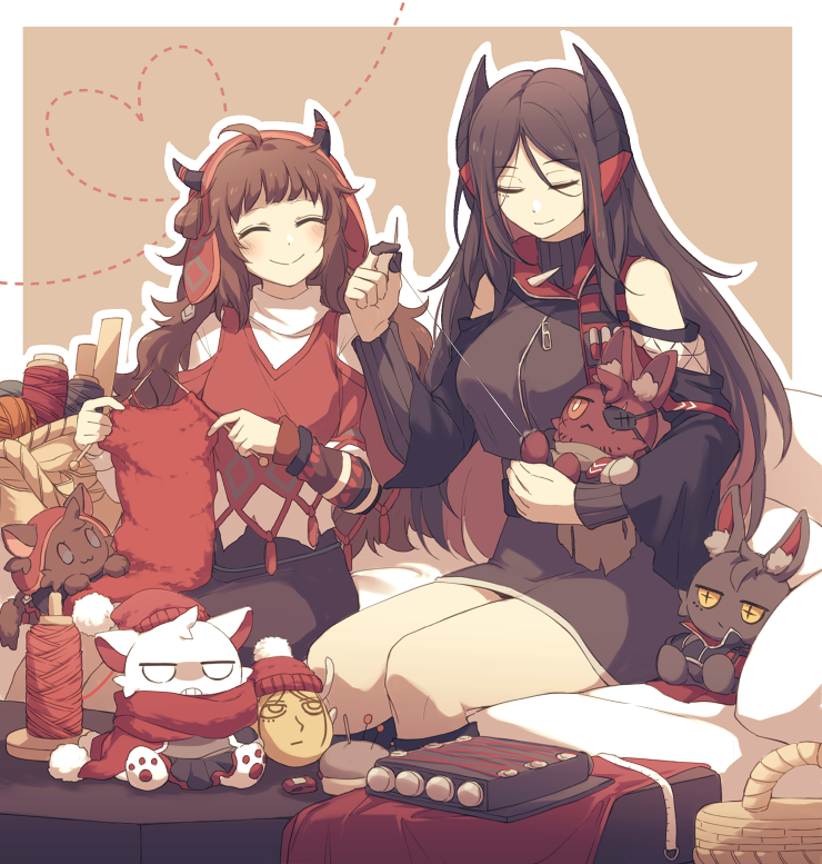 2girls :&gt; ahoge arknights basket black_dress black_hair black_skirt blush breasts brown_hair character_doll choshanland_plushy_(arknights) closed_eyes commentary_request couch cowboy_shot demon_horns dress hoederer_(arknights) holding holding_needle holding_sewing_needle horns horns_through_headwear ines_(arknights) knitting large_breasts lari_lab long_hair long_sleeves looking_at_viewer multiple_girls needle paprika_(arknights) red_sweater sewing sewing_needle shirt sitting skirt smile sweater table thimble thread w_(arknights) white_shirt yarn yarn_ball