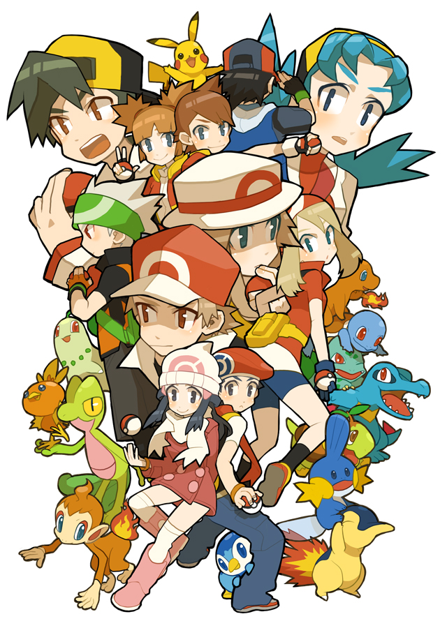 00s 1990s_(style) 5girls 6+boys :&lt; alternate_costume ash_ketchum bandana baseball_cap beret black_hair blue_eyes blush boots brendan_(pokemon) brendan_(pokemon_emerald) brown_hair bulbasaur charmander chikorita chimchar coat copyright_name cyndaquil dawn_(pokemon) denim ethan_(pokemon) fiery_tail fire flame-tipped_tail gen_1_pokemon gen_2_pokemon gen_3_pokemon gen_4_pokemon happy haruo_(clownberry) hat hat_tip headband hitomi_(pokemon_ranger) holding holding_poke_ball jacket jeans kate_(pokemon) kellyn_(pokemon) kneehighs kris_(pokemon) leaf_(pokemon) long_hair lucas_(pokemon) may_(pokemon) mudkip multiple_boys multiple_girls nintendo open_mouth pants pikachu pink_boots piplup poke_ball pokemon pokemon_(anime) pokemon_(creature) pokemon_dppt pokemon_frlg pokemon_gsc pokemon_ranger_(series) pokemon_ranger:_shadows_of_almia pokemon_rse porkpie_hat red_(pokemon) red_(pokemon_frlg) red_eyes retro_artstyle scarf short_hair short_twintails simple_background smile socks squirtle starter_pokemon_trio tail throwing throwing_poke_ball torchic totodile treecko turtwig twintails v white_hair white_legwear winter_clothes