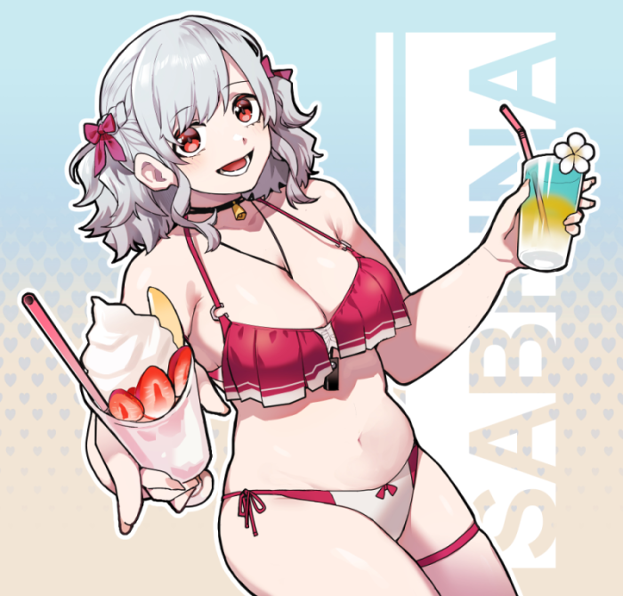 1girl bell bikini bow breasts character_name cup drinking_straw fingernails flower food foreshortening fruit girls&#039;_frontline girls&#039;_frontline_2:_exilium grey_hair hair_bow holding holding_cup large_breasts looking_at_viewer lower_teeth_only medium_hair navel neck_bell official_alternate_costume open_mouth pink_bow red_bikini red_eyes sabrina_(girls&#039;_frontline_2) sabrina_(strawberry_zabaione)_(girls&#039;_frontline_2) side-tie_bikini_bottom simple_background skindentation smile solo spas-12_(girls&#039;_frontline) stomach strawberry strawberry_slice swimsuit teeth thigh_strap white_flower wm_(chawoo1357)