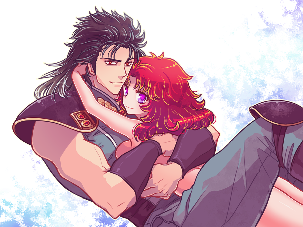 1boy 1girl bad_id bad_pixiv_id black_hair couple hetero hokuto_no_ken hug long_hair mamiya_(hokuto_no_ken) mayuzumi purple_eyes red_eyes red_hair rei_(hokuto_no_ken)
