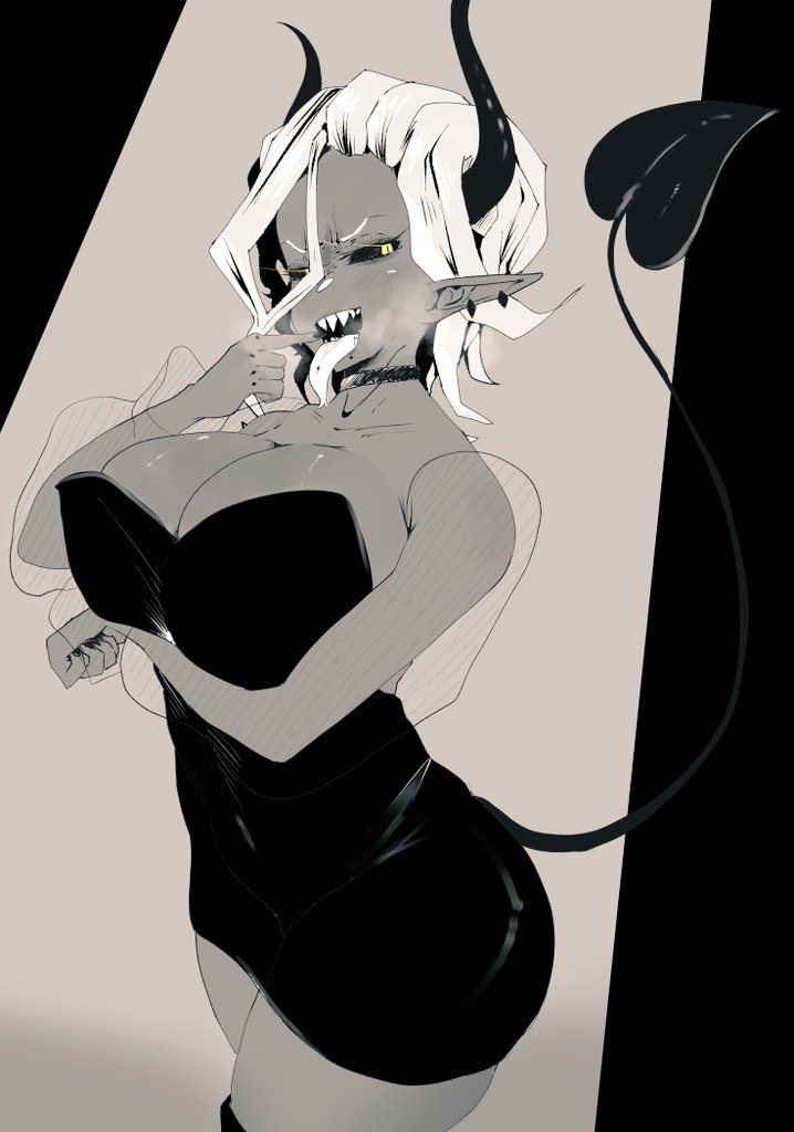 1girl arm_under_breasts blush breasts choker cleavage colored_sclera commentary cowboy_shot demon_girl demon_horns demon_tail detached_sleeves dress earrings eliorakek english_commentary fingernails greyscale hair_between_eyes horns indie_virtual_youtuber jewelry large_breasts long_bangs looking_at_viewer monochrome open_mouth piercing pointy_ears see-through_clothes see-through_sleeves sharp_fingernails sharp_teeth short_hair smile solo spot_color strapless strapless_dress tail teeth tongue tongue_out tongue_piercing two-tone_background virtual_youtuber weeze yellow_eyes