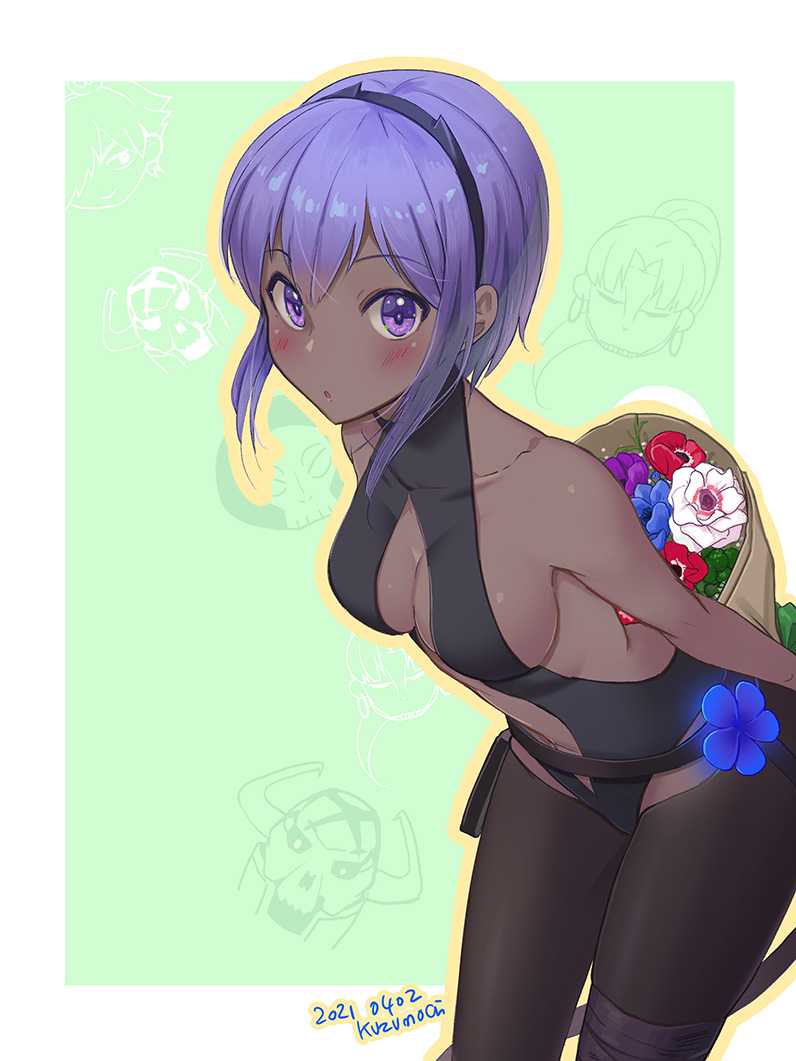 1girl :o artist_name assassin_(fate/zero) bare_shoulders black_hairband black_leggings black_leotard blush border bouquet breasts center_opening chibi chibi_inset commentary_request dark-skinned_female dark_skin dated fake_horns fate/grand_order fate_(series) female_assassin_(fate/zero) flower hairband hassan_of_serenity_(fate) hassan_of_the_cursed_arm_(fate) holding holding_bouquet horned_headwear horns king_hassan_(fate) kuzumochi_(kuzumochiya) leaning_forward leggings leotard medium_breasts purple_eyes purple_hair short_hair solo_focus white_border