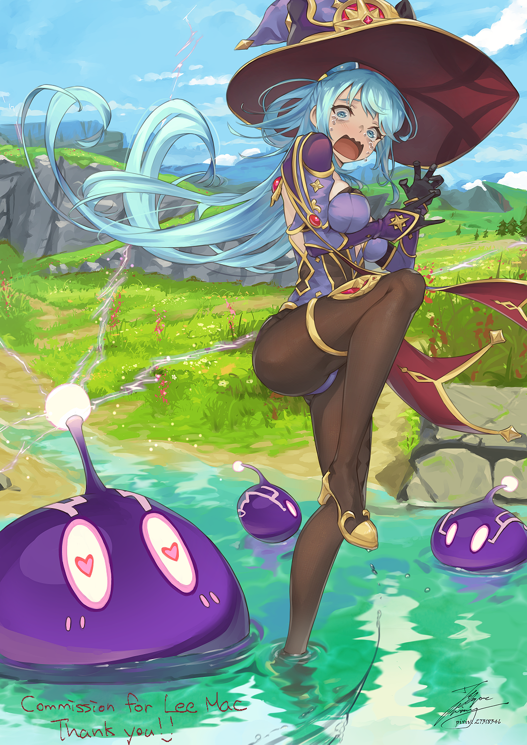 1girl aqua_(konosuba) black_gloves black_pantyhose blue_eyes blue_hair bodystocking breasts commission cosplay crying crying_with_eyes_open detached_sleeves electro_slime_(genshin_impact) english_text fadingz full_body genshin_impact gloves hat heart heart-shaped_pupils highres kono_subarashii_sekai_ni_shukufuku_wo! long_hair medium_breasts mona_(genshin_impact) mona_(genshin_impact)_(cosplay) outdoors pantyhose pixiv_id scared signature slime_(creature) slime_(genshin_impact) solo standing standing_on_one_leg symbol-shaped_pupils tears very_long_hair wavy_mouth