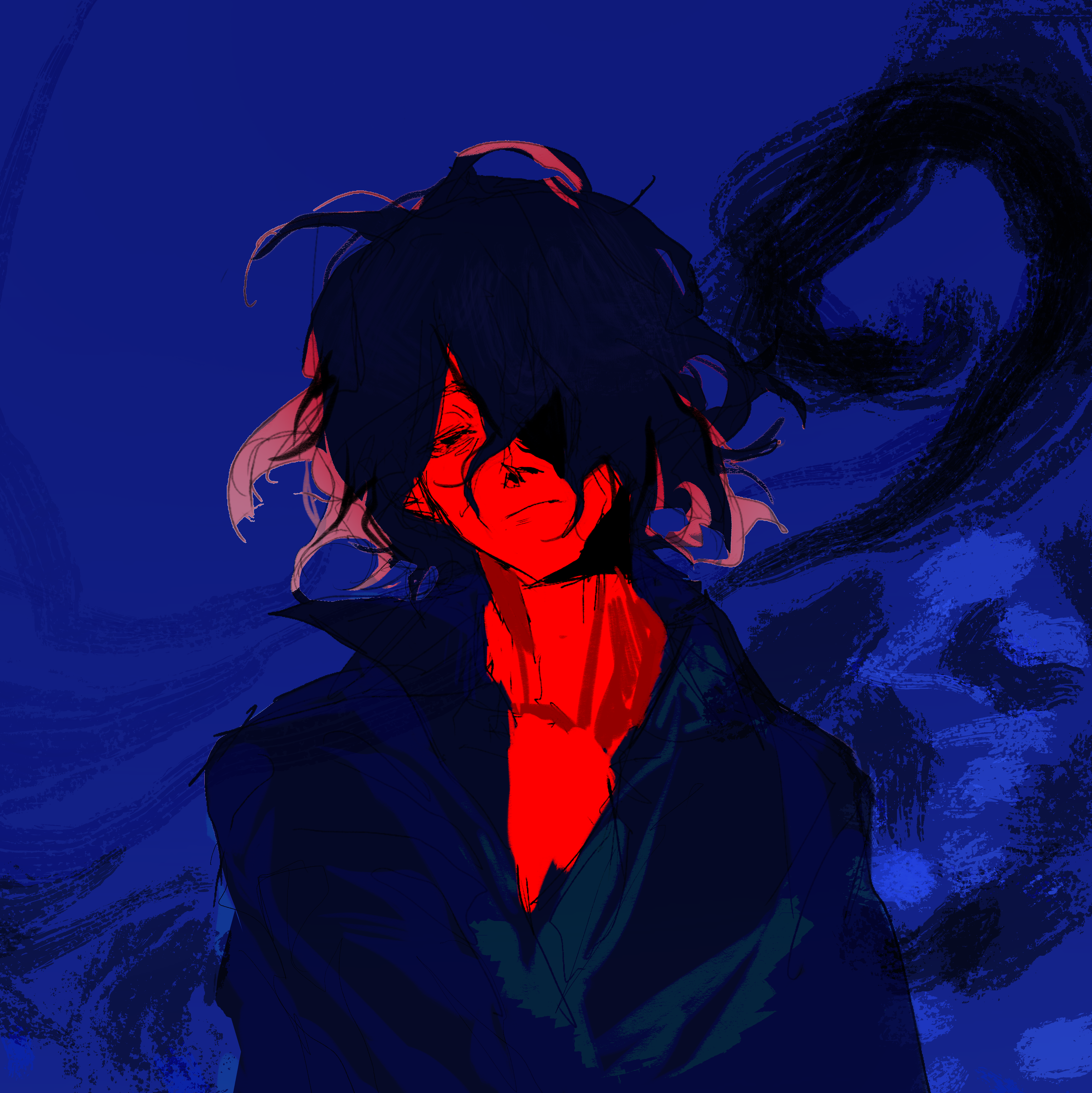 1boy abstract_background absurdres blue_background blue_theme c8h11o2n closed_mouth colored_skin frown hair_over_one_eye head_tilt highres looking_at_viewer male_focus messy_hair monochrome red_skin saibou_shinkyoku short_hair sketch solo spot_color upper_body utsugi_noriyuki