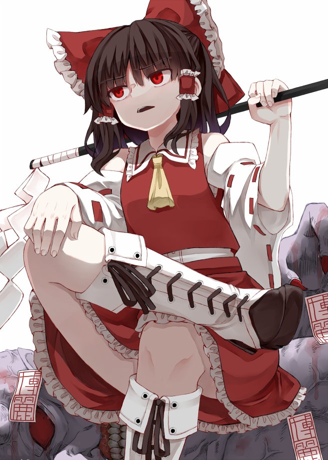 1boy 1girl after_battle angry ascot bow brown_hair collar crossed_legs detached_sleeves frilled_collar frilled_skirt frills hair_bow hakurei_reimu holding holding_scythe medium_hair ofuda open_mouth red_bow red_eyes red_nails red_skirt red_vest ribbon-trimmed_sleeves ribbon_trim scythe shirt sitting sitting_on_person skirt teeth touhou upper_teeth_only vest victory white_footwear white_shirt white_sleeves yellow_ascot zetsumame