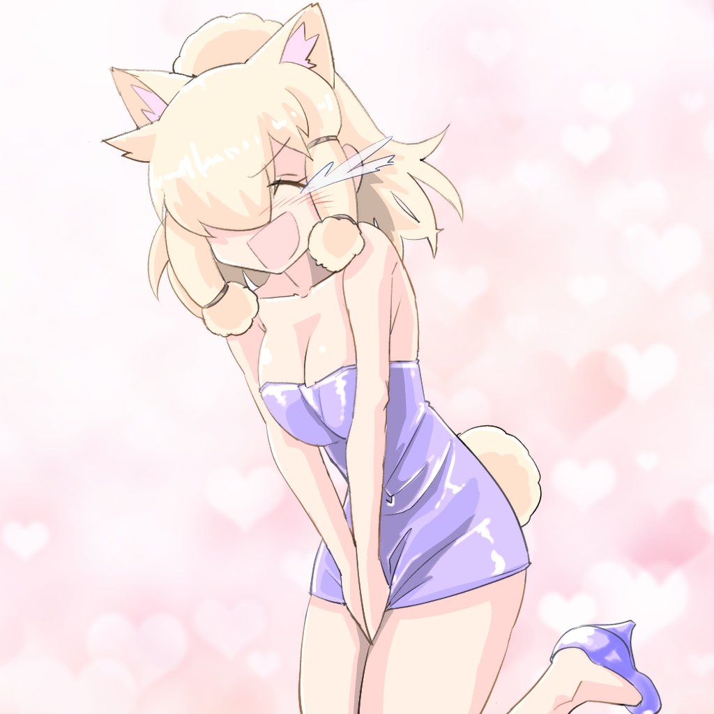 1girl alpaca_ears alpaca_girl alpaca_suri_(kemono_friends) alpaca_tail animal_ears bare_shoulders between_legs blue_dress blue_footwear blush cowboy_shot dress embarrassed extra_ears hair_bun hair_over_one_eye hair_tubes hand_between_legs high_heels kemono_friends msl2go pencil_dress short_hair sleeveless solo standing standing_on_one_leg tail tearing_up white_hair