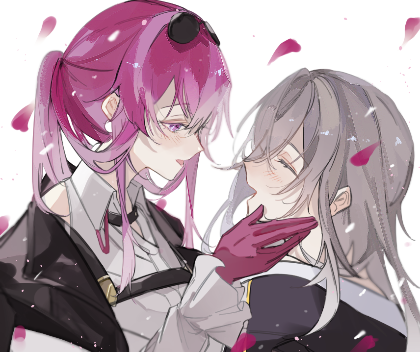 falling_petals gloves grey_hair hand_on_another&#039;s_face honkai:_star_rail honkai_(series) kafka_(honkai:_star_rail) petals ponytail puffy_sleeves purple_eyes purple_gloves purple_hair stelle_(honkai:_star_rail) trailblazer_(honkai:_star_rail) tugu_pi yuri