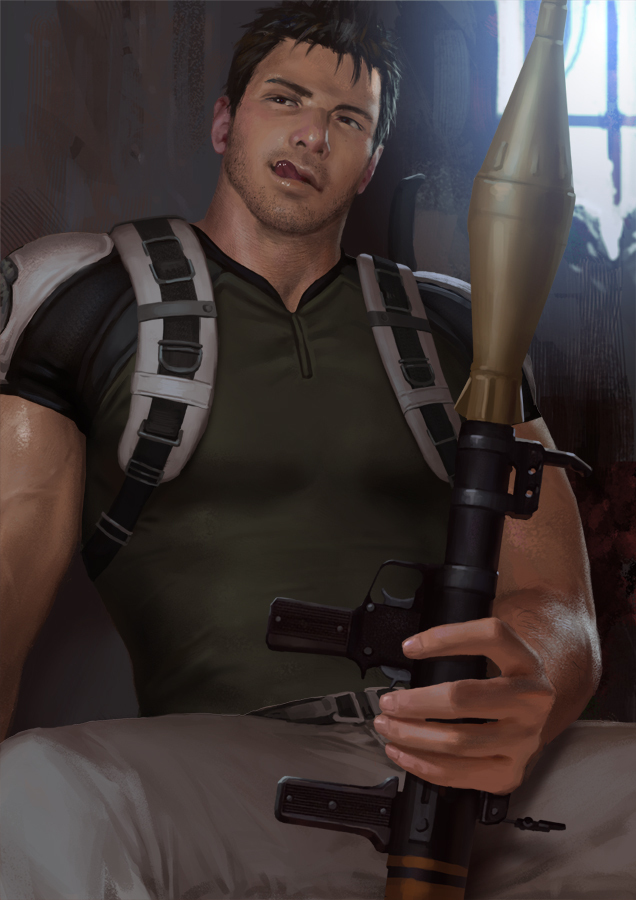 1boy :q bara beard brown_hair chest_harness chris_redfield facial_hair green_shirt gun harness holding holding_gun holding_weapon large_pectorals male_focus mature_male muscular muscular_male paid_reward_available pants pectorals penguin_frontier resident_evil resident_evil_5 rocket_launcher rpg rpg-7 rpg_(weapon) sexually_suggestive shirt short_hair sideburns solo spread_legs stubble sunlight thighs tight_clothes tight_shirt tongue tongue_out veins weapon white_pants window