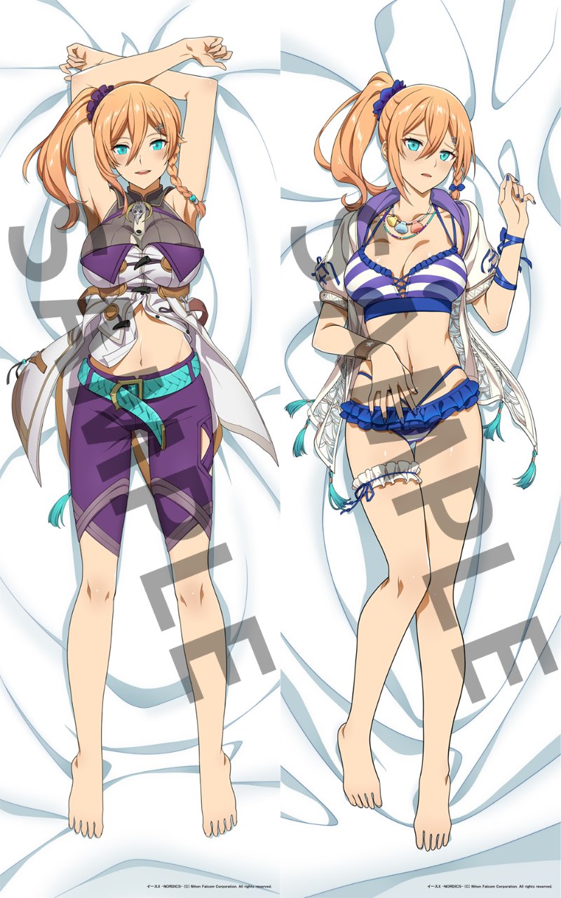 1girl aqua_belt armpits arms_behind_head artist_request barefoot belt bikini blonde_hair blue_eyes blue_scrunchie blush breasts commentary_request dakimakura_(medium) hair_between_eyes hair_ornament hair_scrunchie highres karja_balta large_breasts long_hair looking_at_viewer lying multiple_views navel official_alternate_costume official_art ponytail purple_scrunchie purple_shorts sample_watermark scrunchie shorts smile stomach swimsuit toes watermark ys ys_x:_nordics