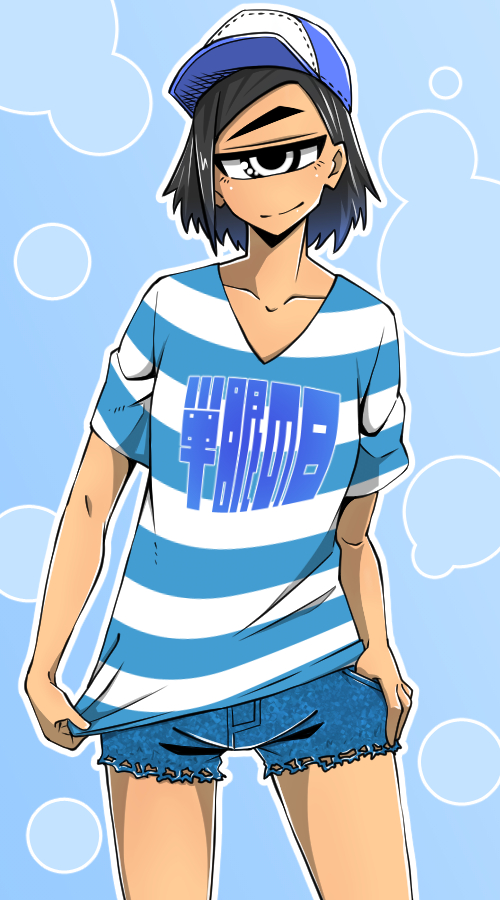 1girl baseball_cap black_hair blue_background cyclops denim denim_shorts grey_eyes hand_on_own_hip hat looking_at_viewer monster_girl one-eyed original shirt short_hair shorts smile solo standing striped_clothes striped_shirt t-shirt tan thumb_in_pocket yakochu