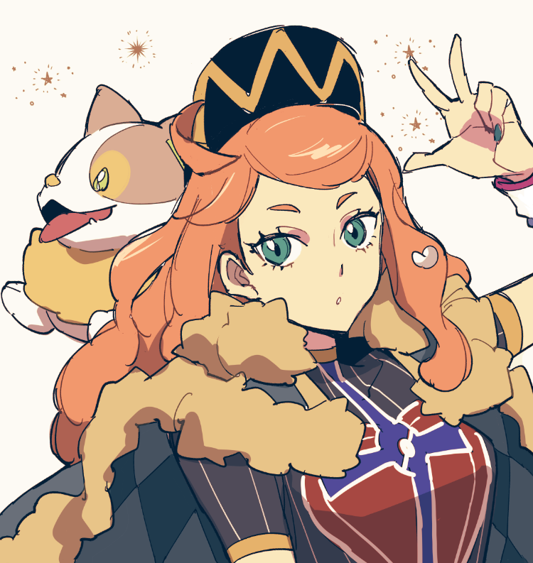 1girl baseball_cap black_hat breasts cape champion_uniform commentary_request eyelashes fur-trimmed_cape fur_trim game_freak gen_8_pokemon green_eyes green_nails hair_ornament hand_up hat heart heart_hair_ornament long_hair looking_at_viewer medium_breasts nail_polish nintendo orange_hair parted_lips pokemon pokemon_(creature) pokemon_swsh shirt short_sleeves sonia_(pokemon) w white_background yamper yuden_33