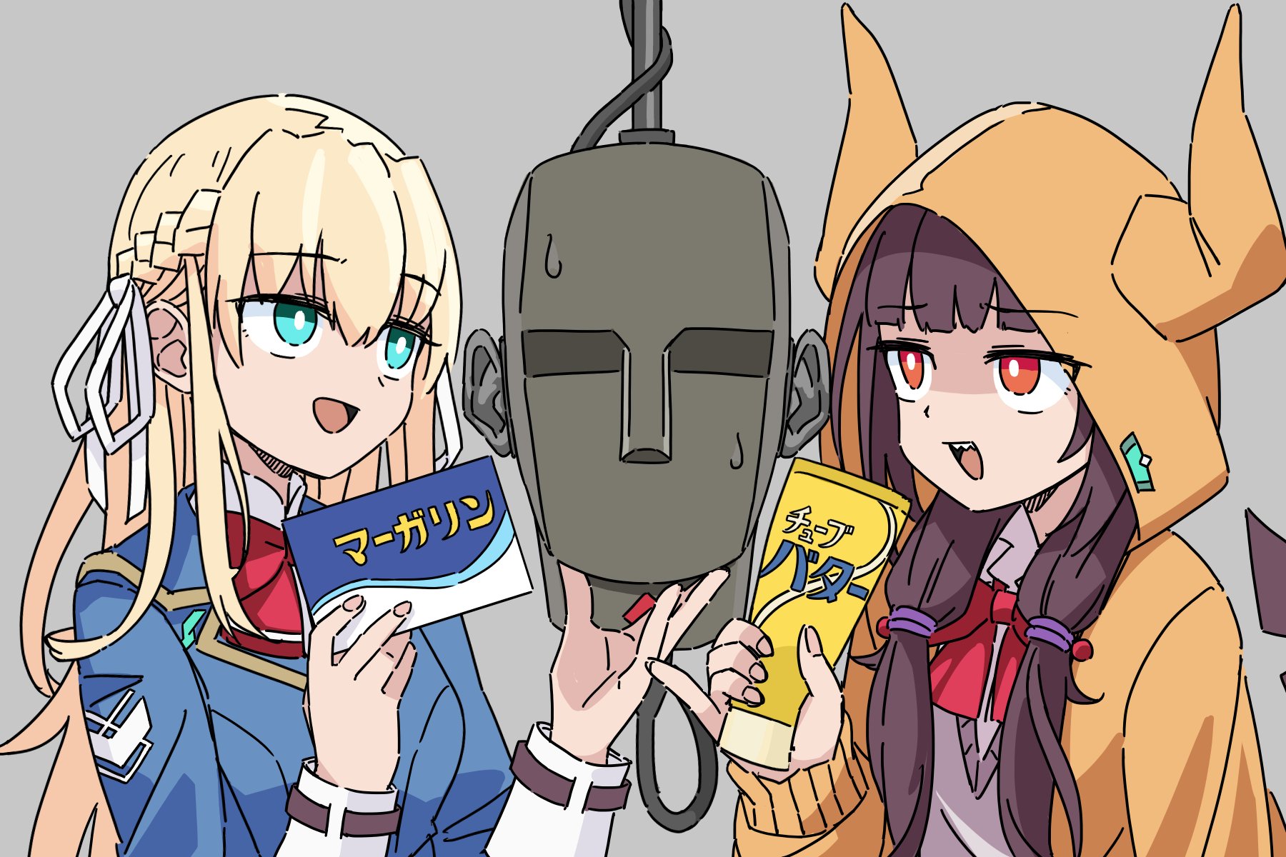 2girls asakura_karen_(heaven_burns_red) asmr binaural_microphone black_hair blonde_hair blue_jacket bow braid green_eyes half_up_braid heaven_burns_red highres hood hood_up hooded_jacket jacket long_hair long_sleeves microphone multiple_girls niboshi_917 red_bow red_eyes ribbon tail toujou_tsukasa white_ribbon